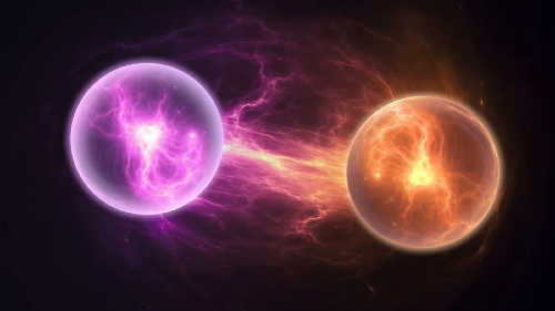 Grafika przedstawiająca naukowca w kitlu trzymającego kolby z niebieską i czerwoną cieczą